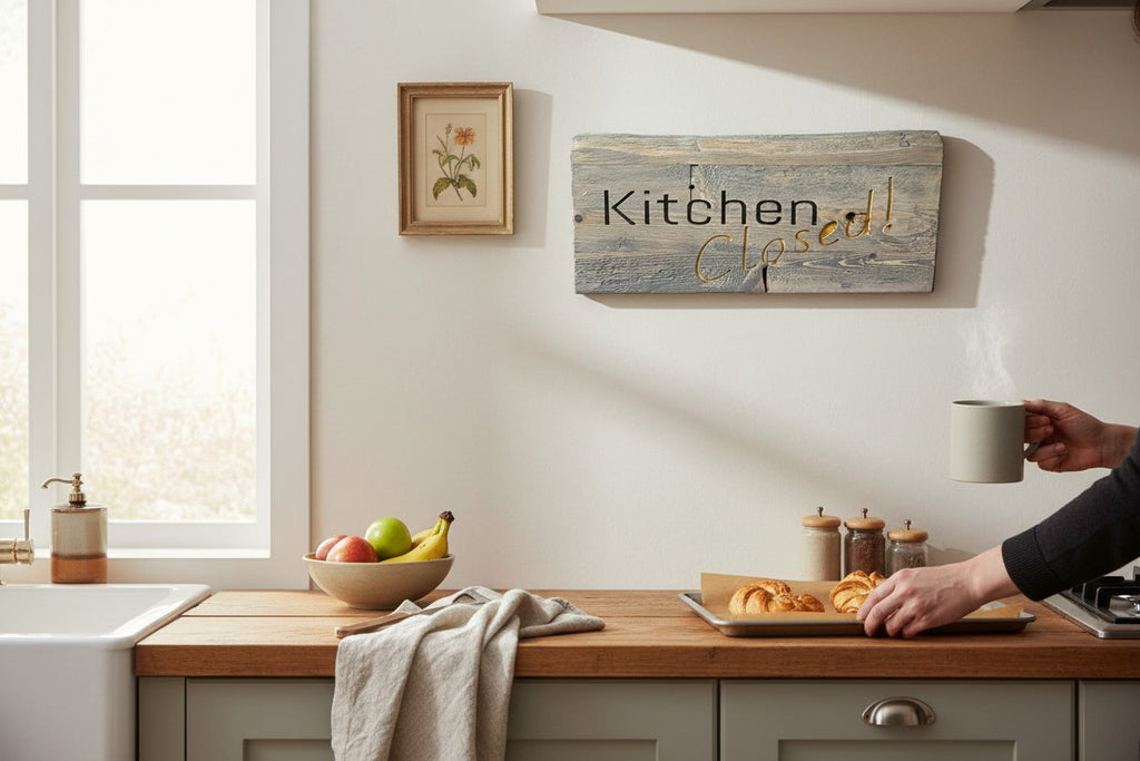 TK Wood Designs rustic wooden sign with carved "Kitchen Closed!" text in black and gold. Natural wood finish.