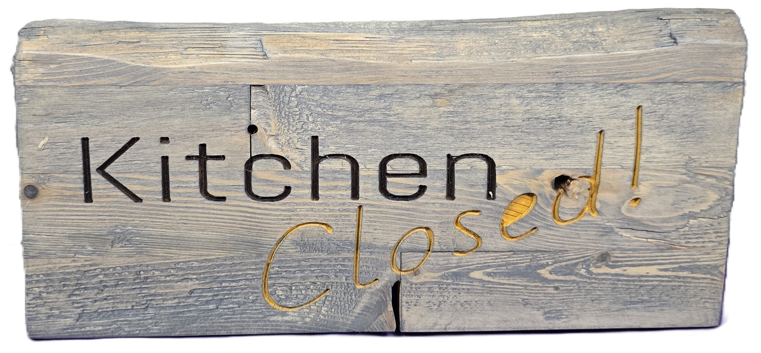 TK Wood Designs rustic wooden sign with "Kitchen Closed!" carved in dark and gold lettering. Natural wood finish.