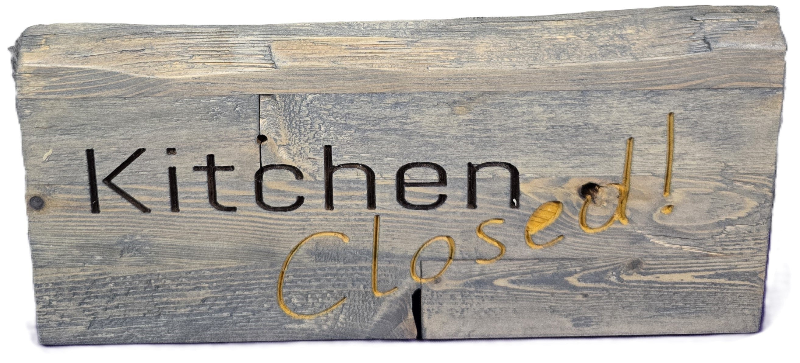 TK Wood Designs rustic wooden sign with "Kitchen Closed!" carved in dark and gold lettering. 7" H x 13" L.