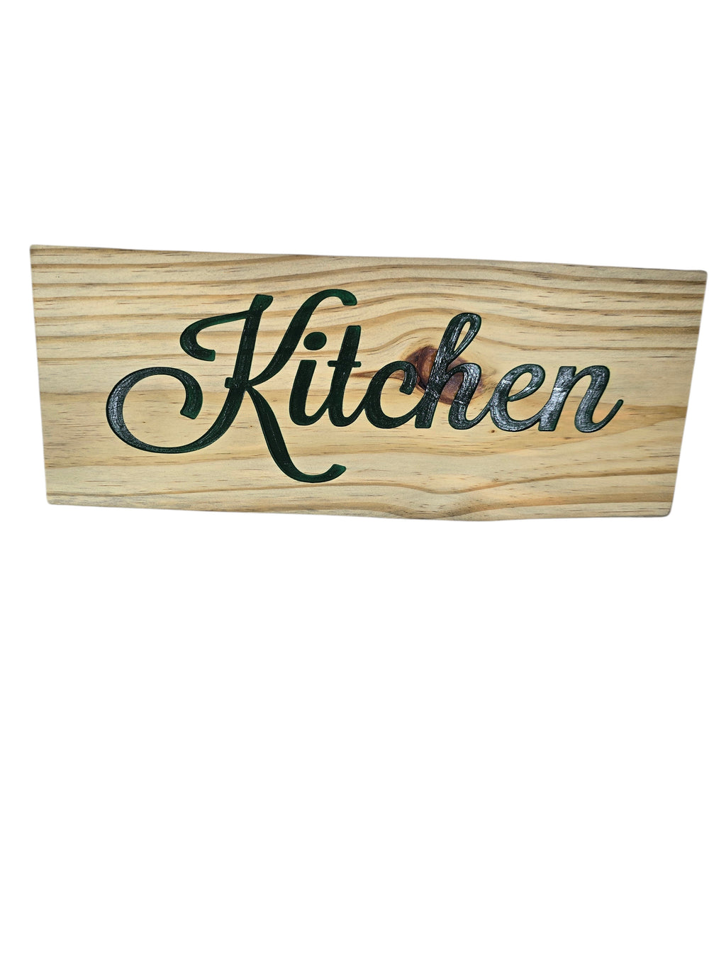 TK Wood Designs natural wood kitchen sign with dark green script lettering. Rustic home decor.