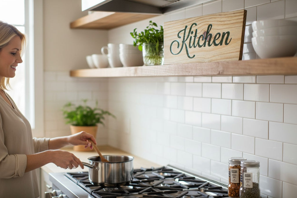 TK Wood Designs natural wood kitchen sign with dark green script lettering. Rustic home decor.