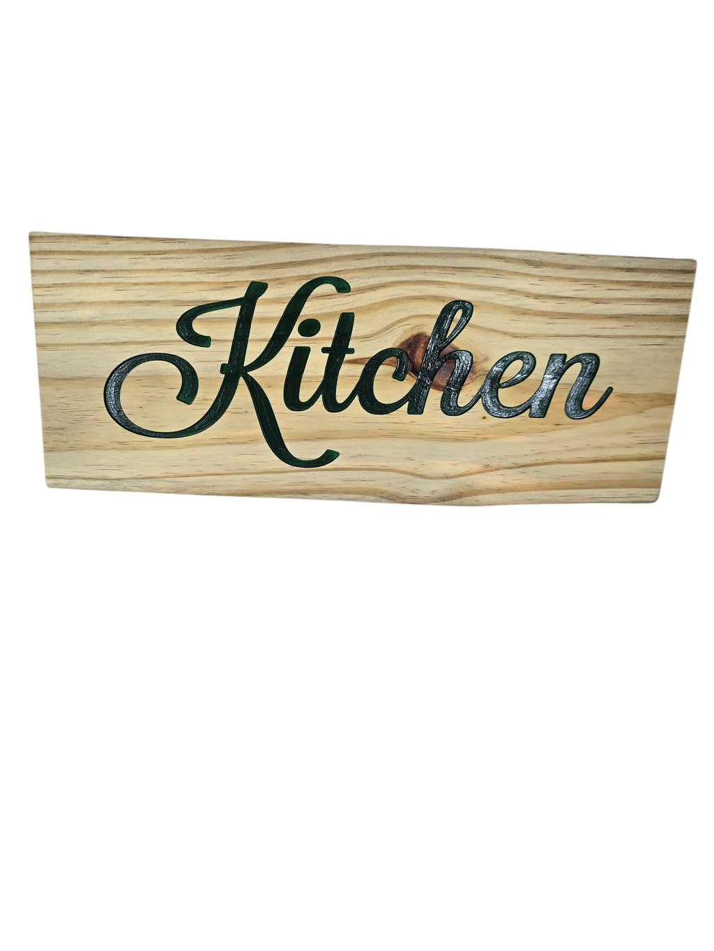 TK Wood Designs natural wood kitchen sign with dark green script lettering. Rustic home decor.
