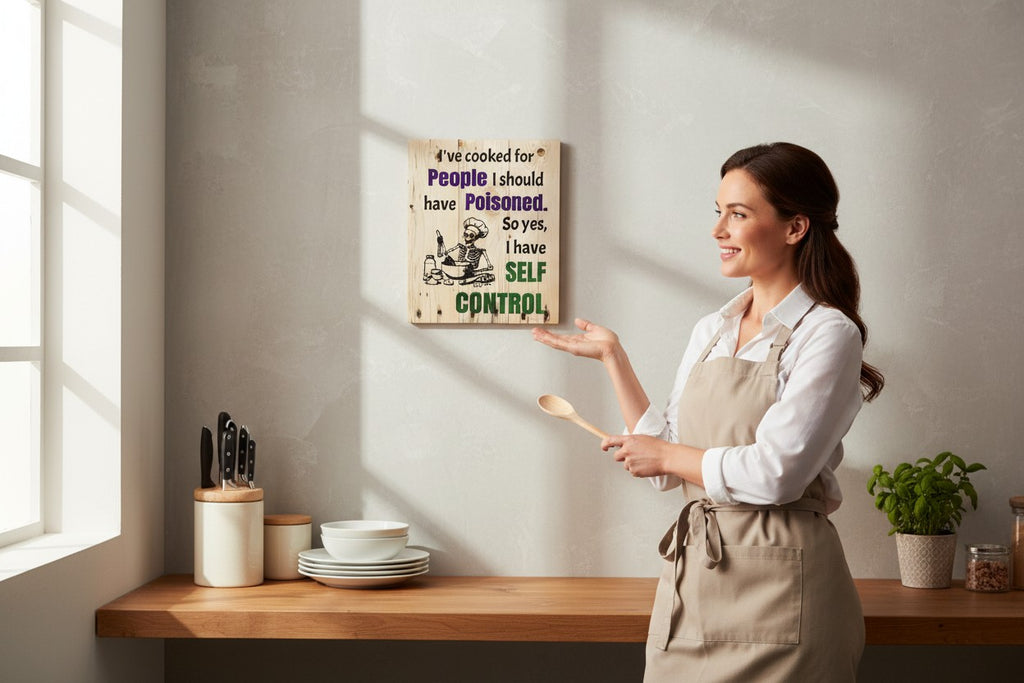 TK Wood Designs natural wood kitchen sign with skeleton chef illustration and witty quote about self-control.