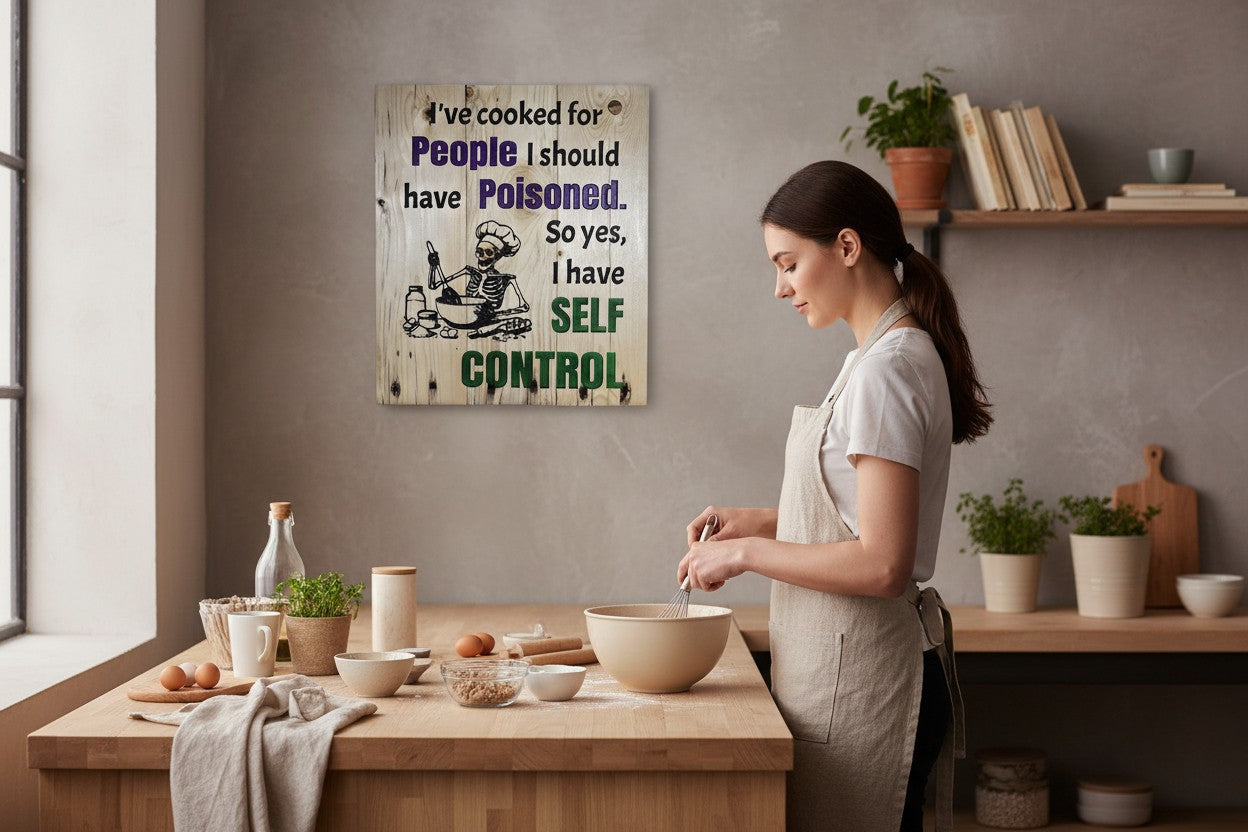 TK Wood Designs natural wood kitchen wall art with skeleton chef illustration and witty quote about self-control.