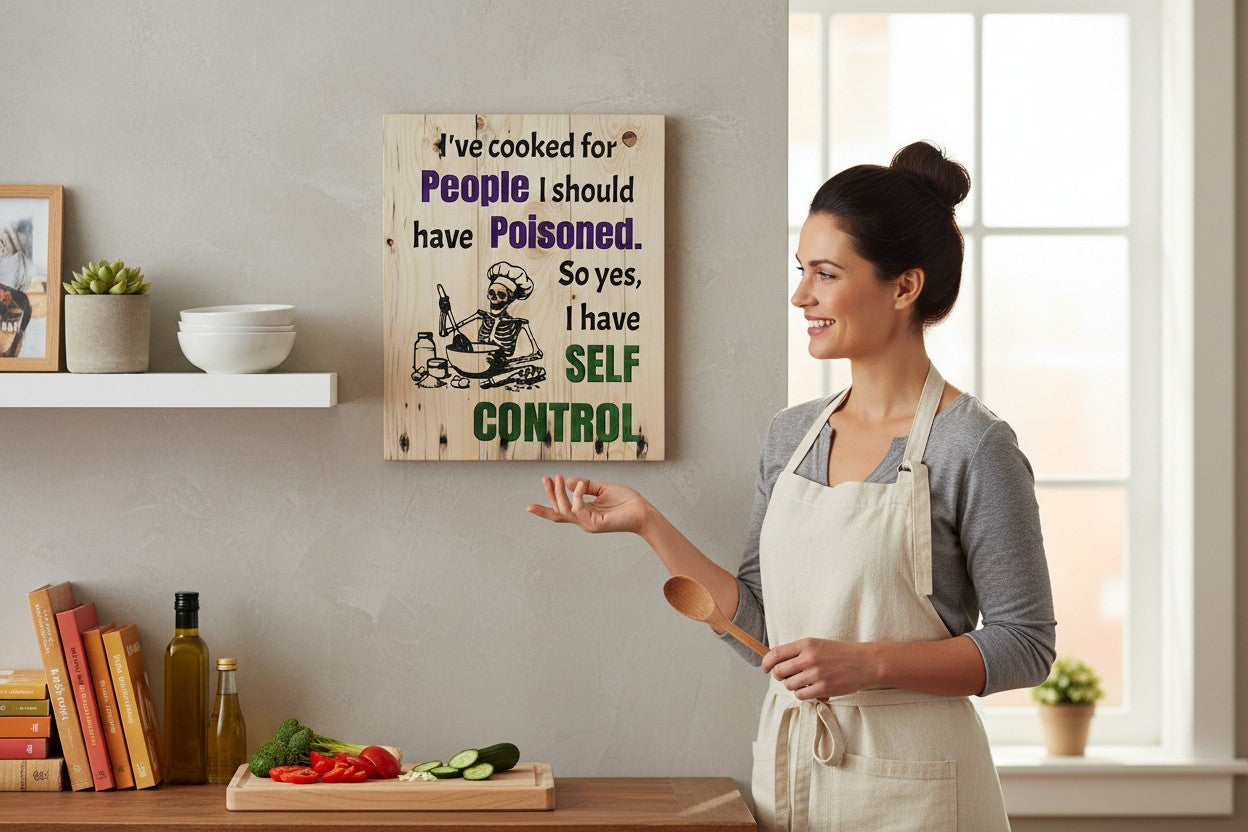 TK Wood Designs natural wood kitchen art with skeleton chef illustration and witty quote about self-control.