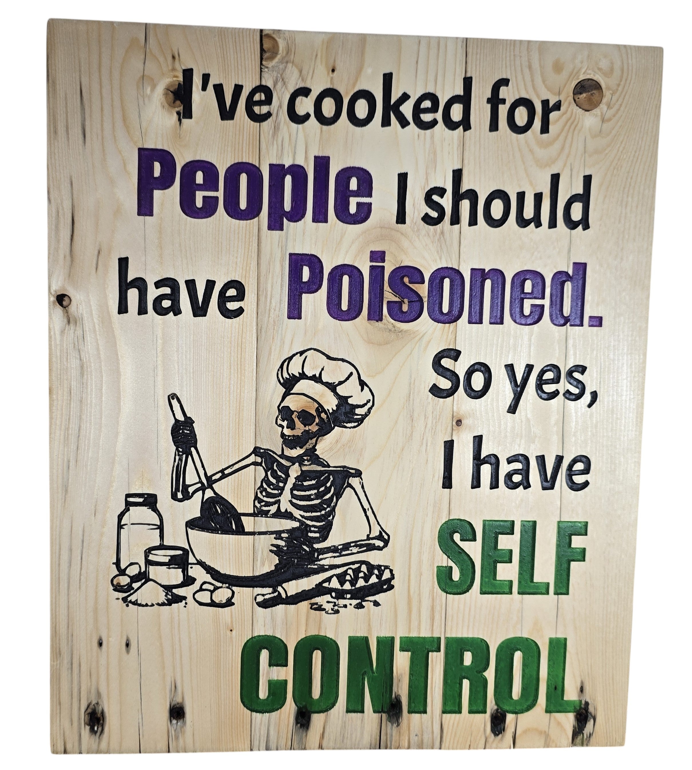 TK Wood Designs natural wood kitchen wall art with skeleton chef illustration and witty quote about self-control.