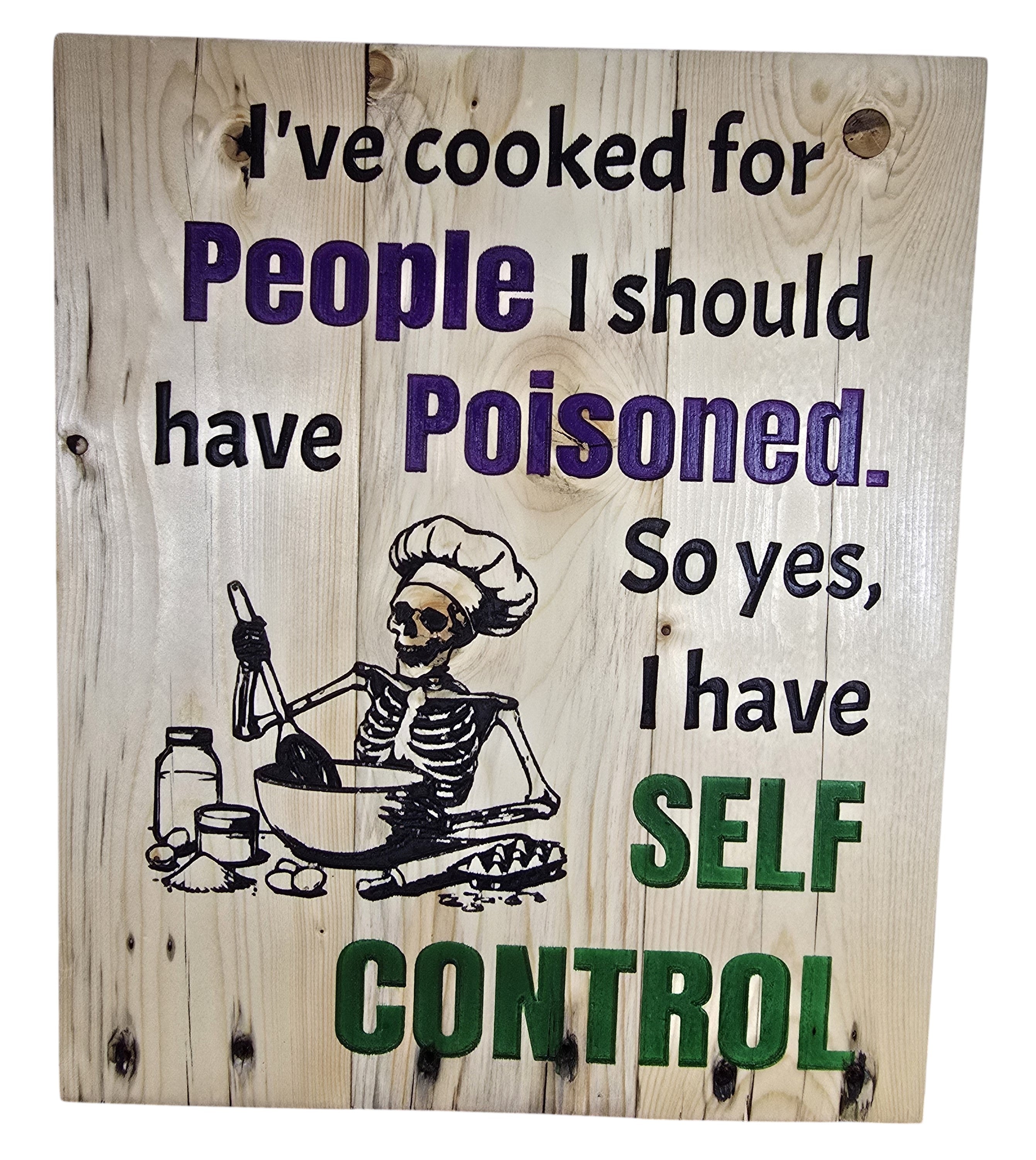 TK Wood Designs natural wood kitchen wall art with skeleton chef illustration and witty quote about self-control.