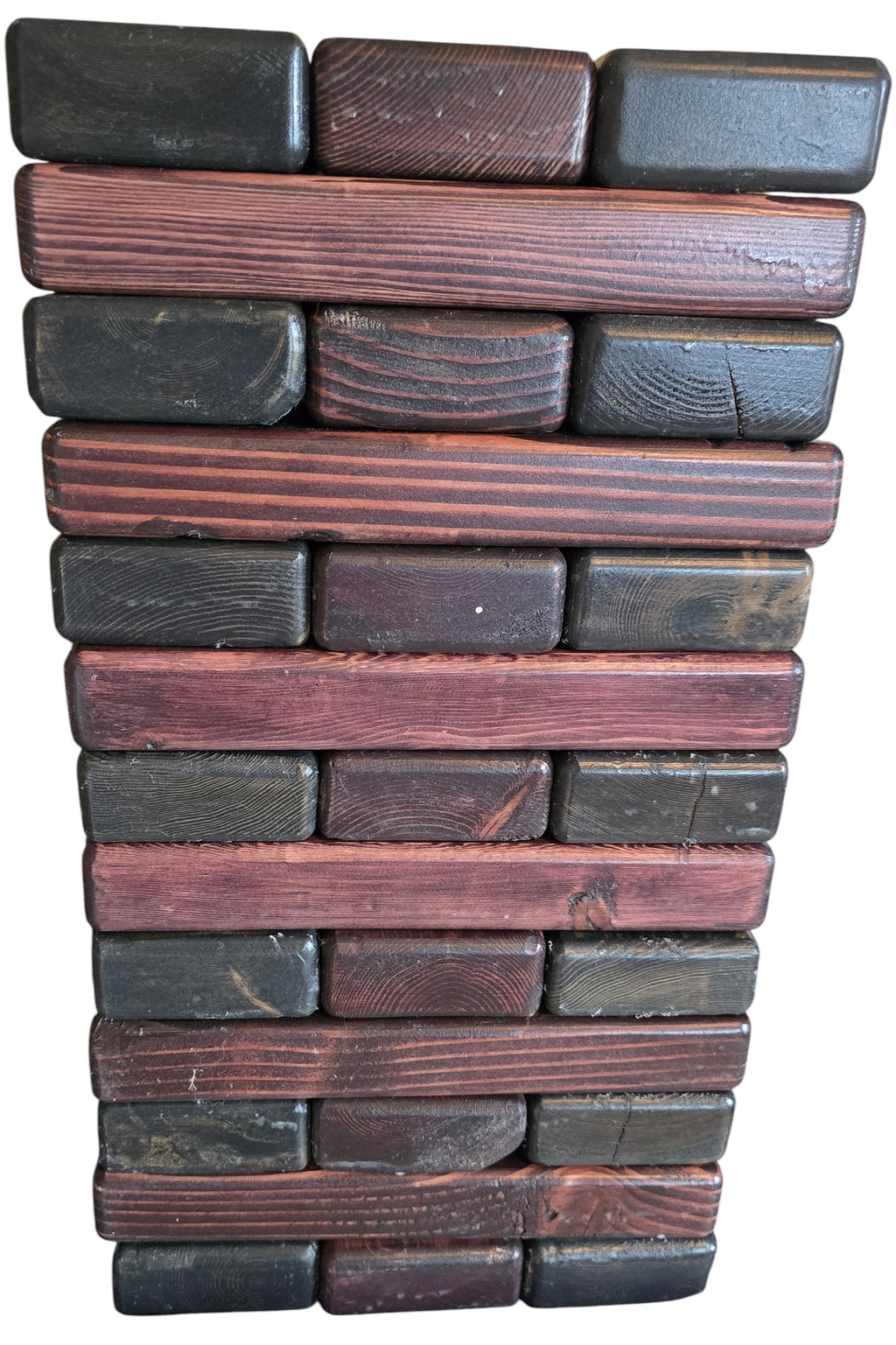TK Wood Designs large Jenga set with black cherry wood blocks in black stain, alternating with natural wood grain blocks.