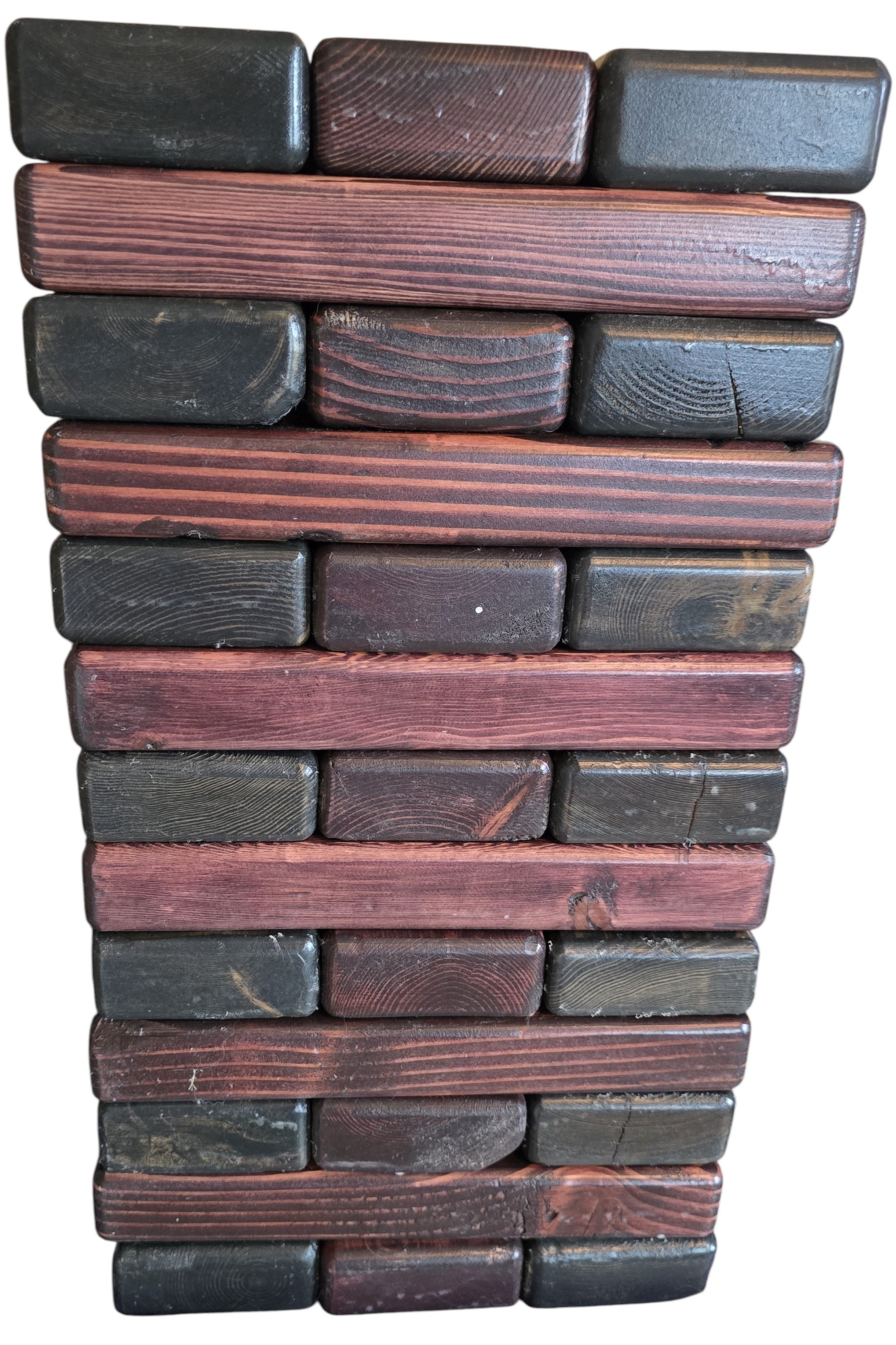 TK Wood Designs large Jenga set with black cherry wood blocks in black stain, alternating with natural wood grain blocks.