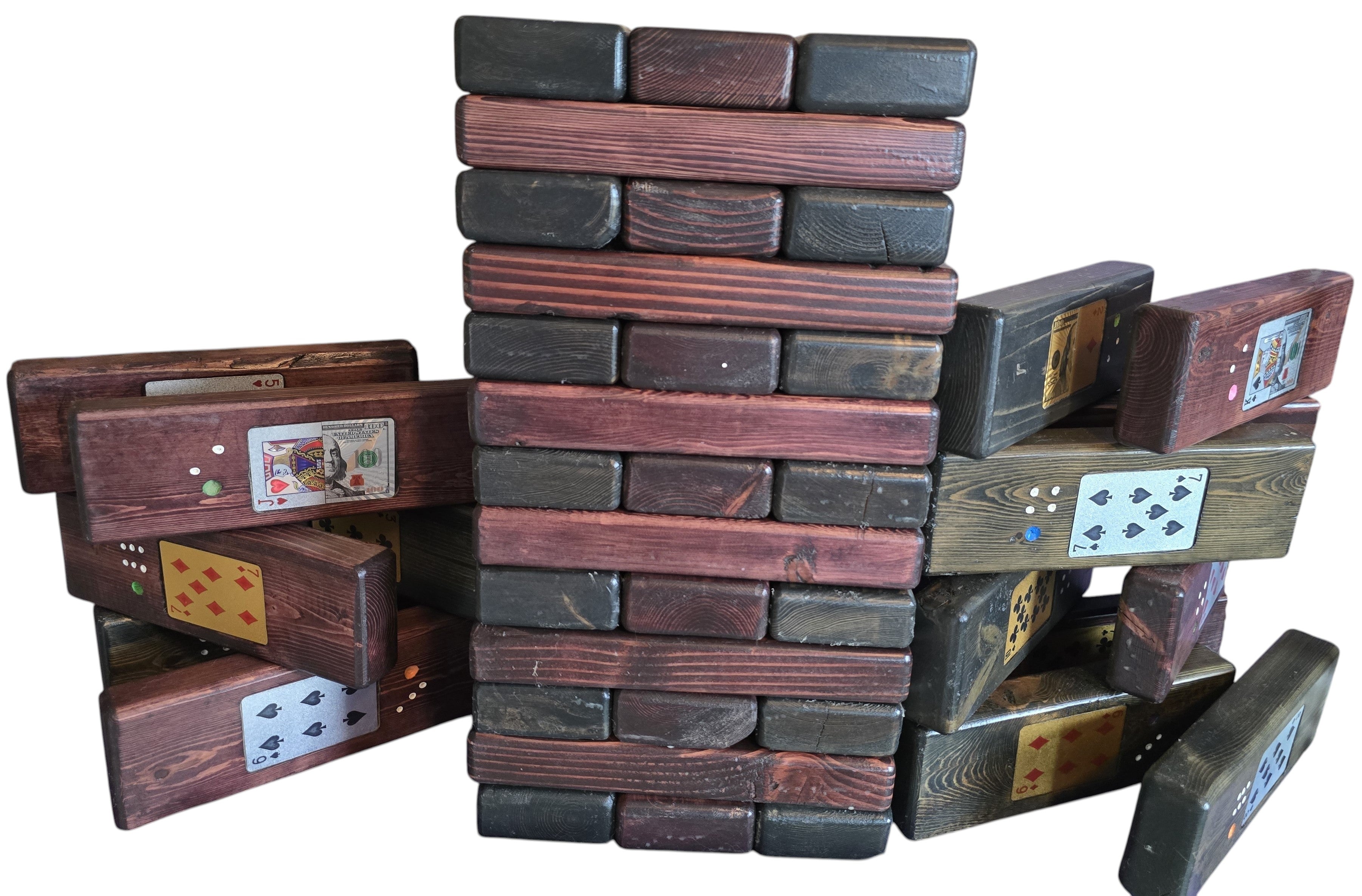 TK Wood Designs large Jenga set with black cherry wood blocks stained black and burgundy, featuring card game designs.