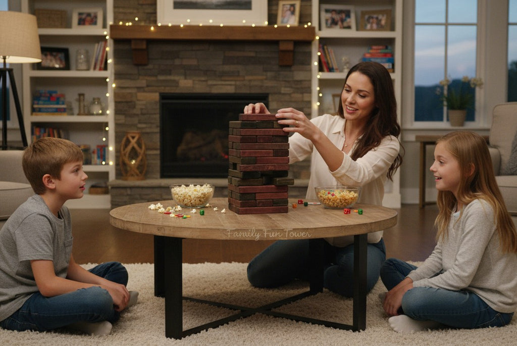 TK Wood Designs large Jenga set with black cherry wood blocks stained black and burgundy, featuring card game designs.
