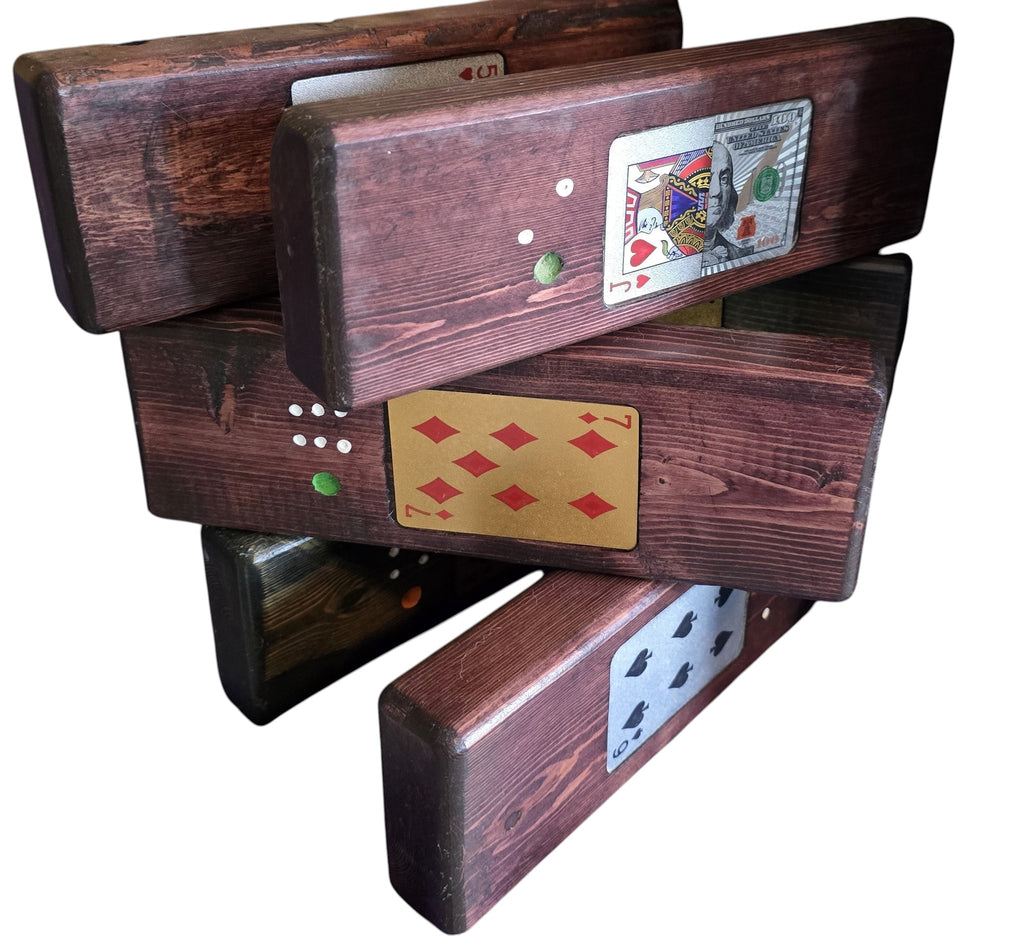 TK Wood Designs large Jenga set with dark cherry wood blocks featuring inlaid playing cards and dice designs.