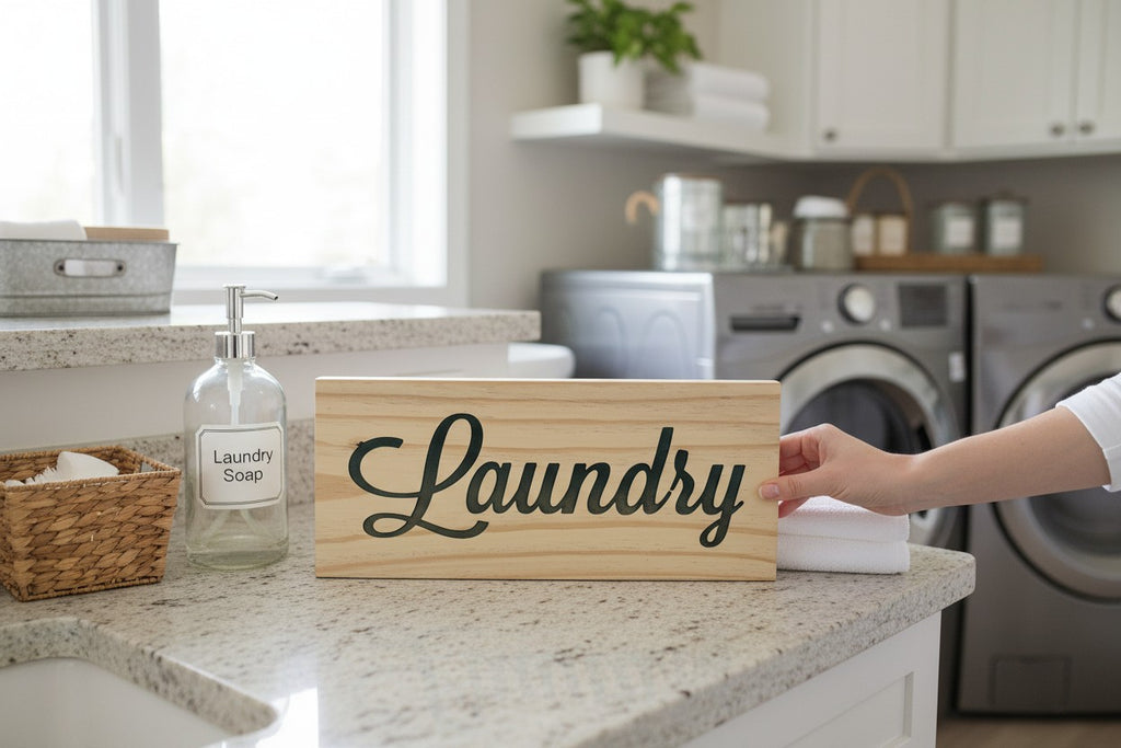 TK Wood Designs rustic wooden laundry sign with carved lettering.
