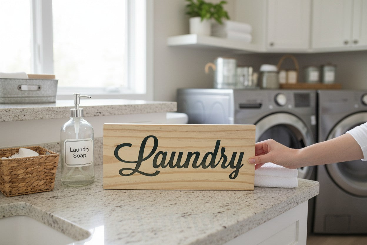 TK Wood Designs rustic wooden laundry sign with carved lettering.