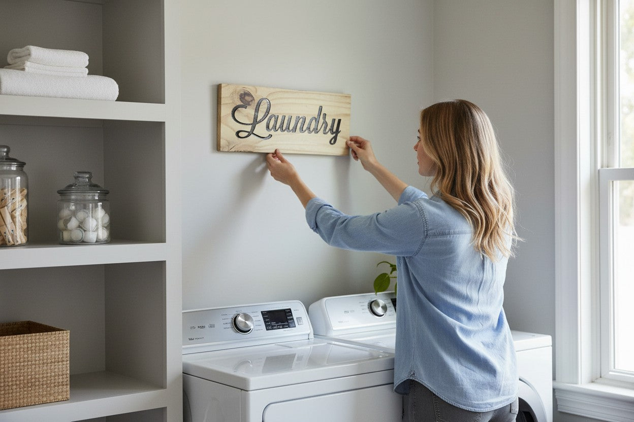 TK Wood Designs rustic light wood sign with black script lettering that says "Laundry".