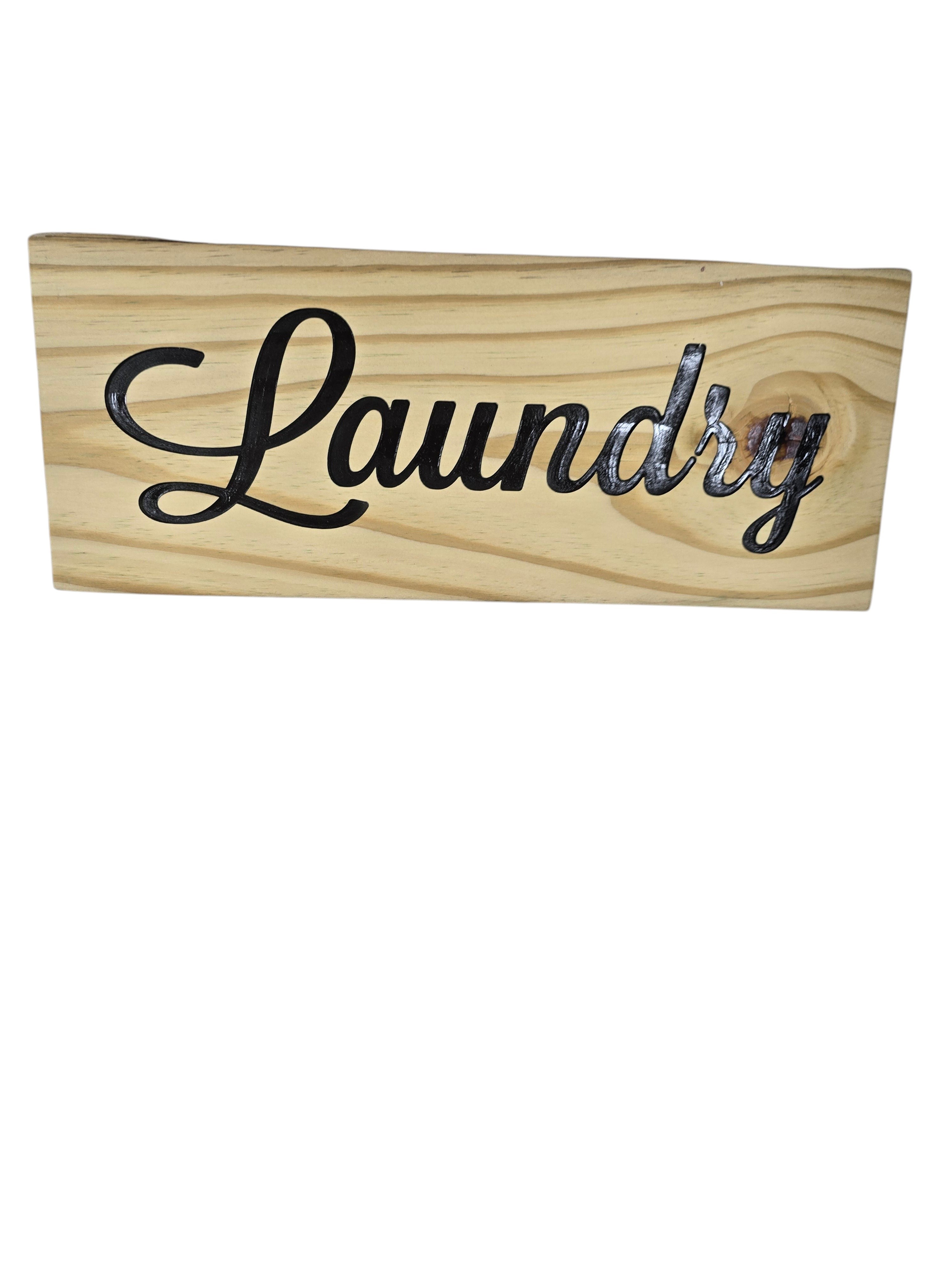 TK Wood Designs rustic light wood sign with black script 'Laundry' for home decor.