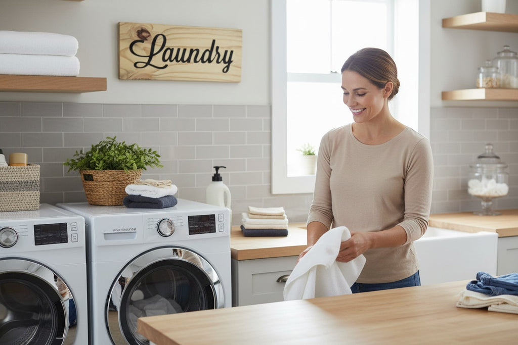 TK Wood Designs rustic light wood sign with carved black script lettering spelling "Laundry".