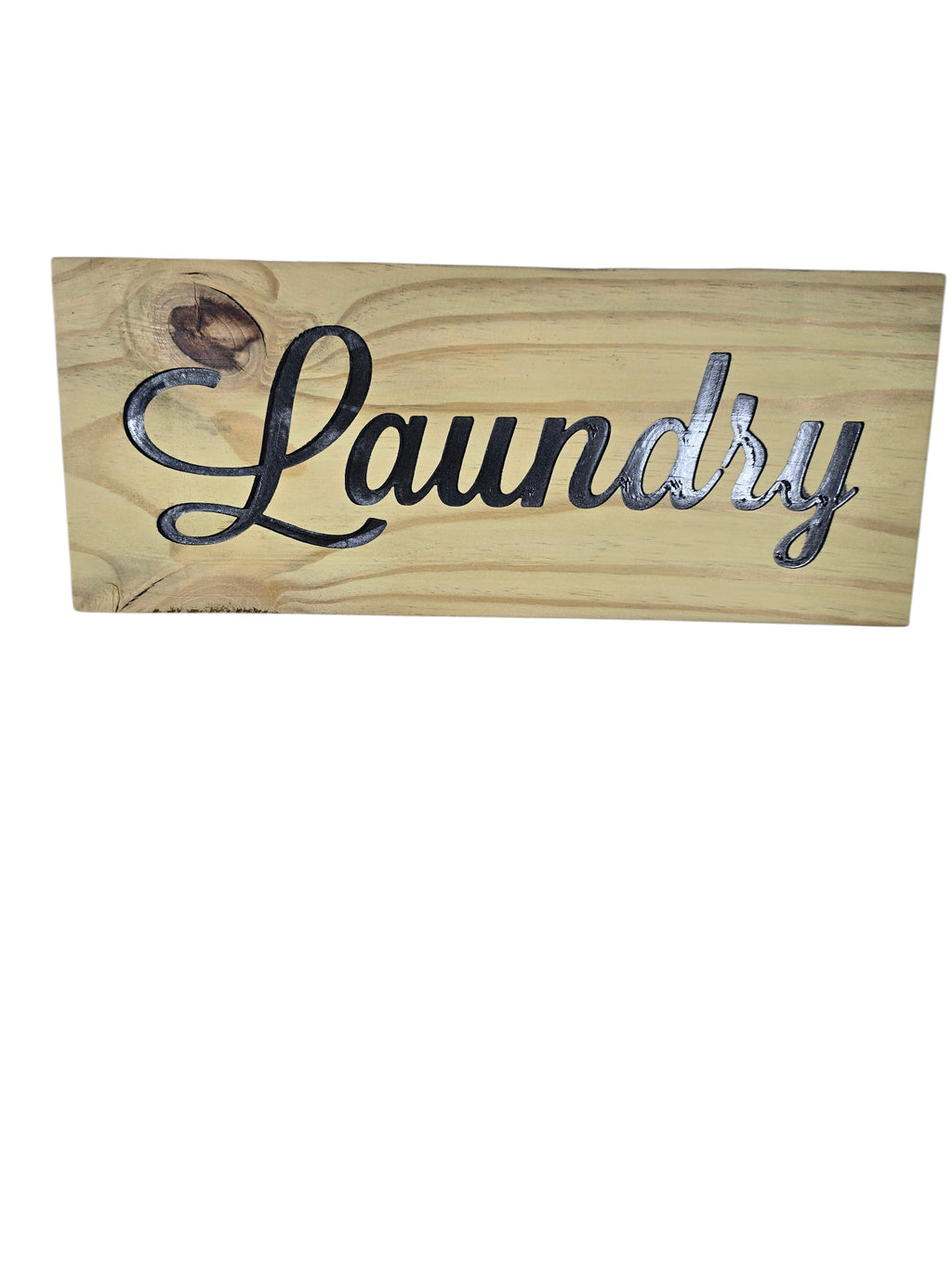 TK Wood Designs rustic light wood sign with carved black script lettering that says "Laundry".