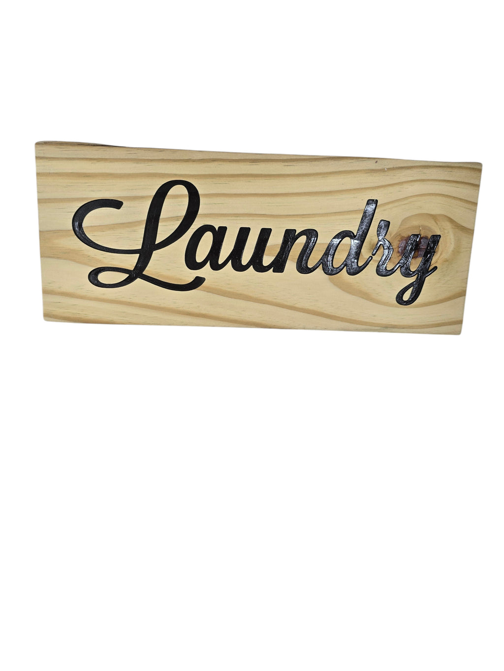 TK Wood Designs rustic light wood sign with black script lettering that says Laundry.