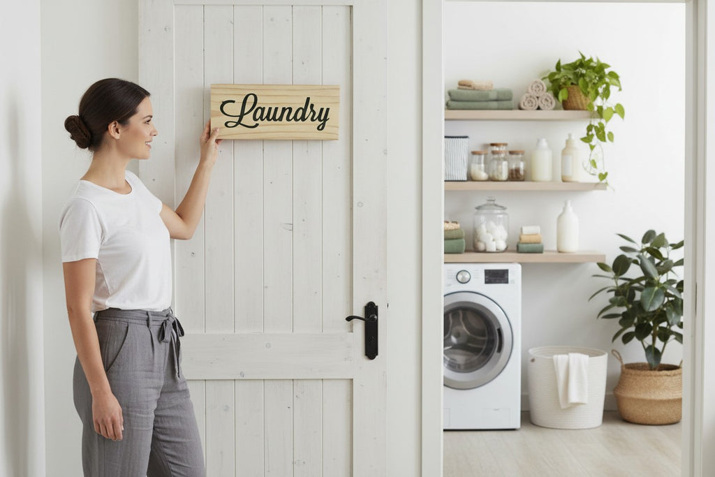 TK Wood Designs rustic wooden laundry sign with carved lettering.