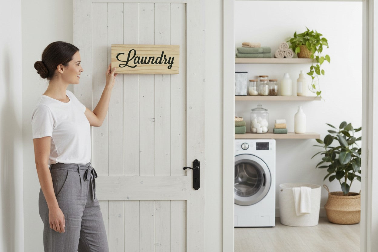TK Wood Designs rustic wooden laundry sign with carved lettering.