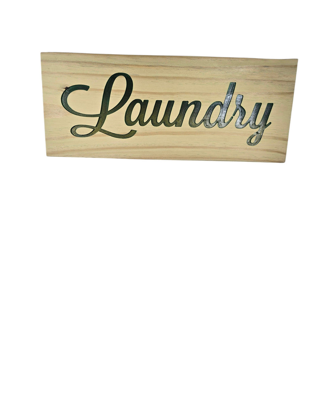 TK Wood Designs rustic light wood laundry sign with carved dark lettering.