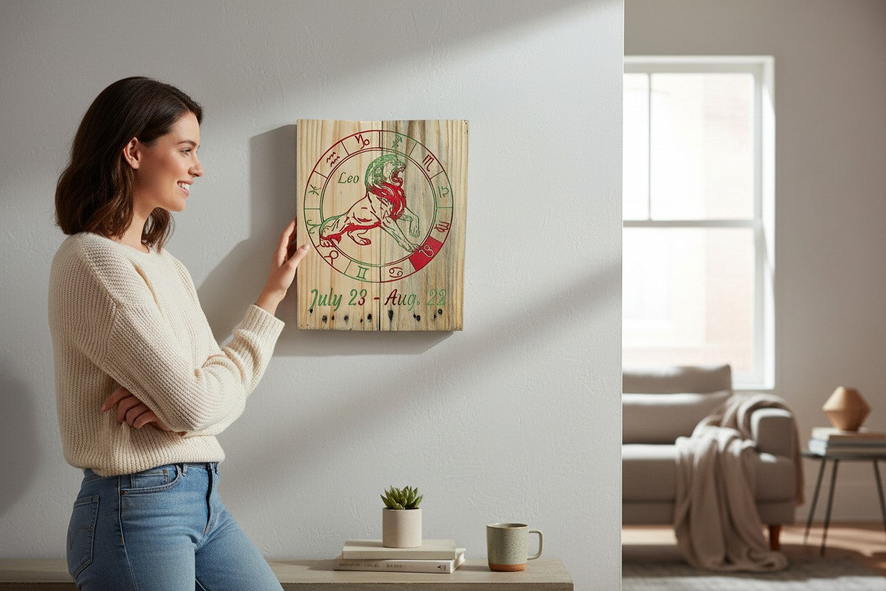 Woman admiring a TK Wood Designs handcrafted wooden Leo zodiac wall plaque with a lion and red and green accents.
