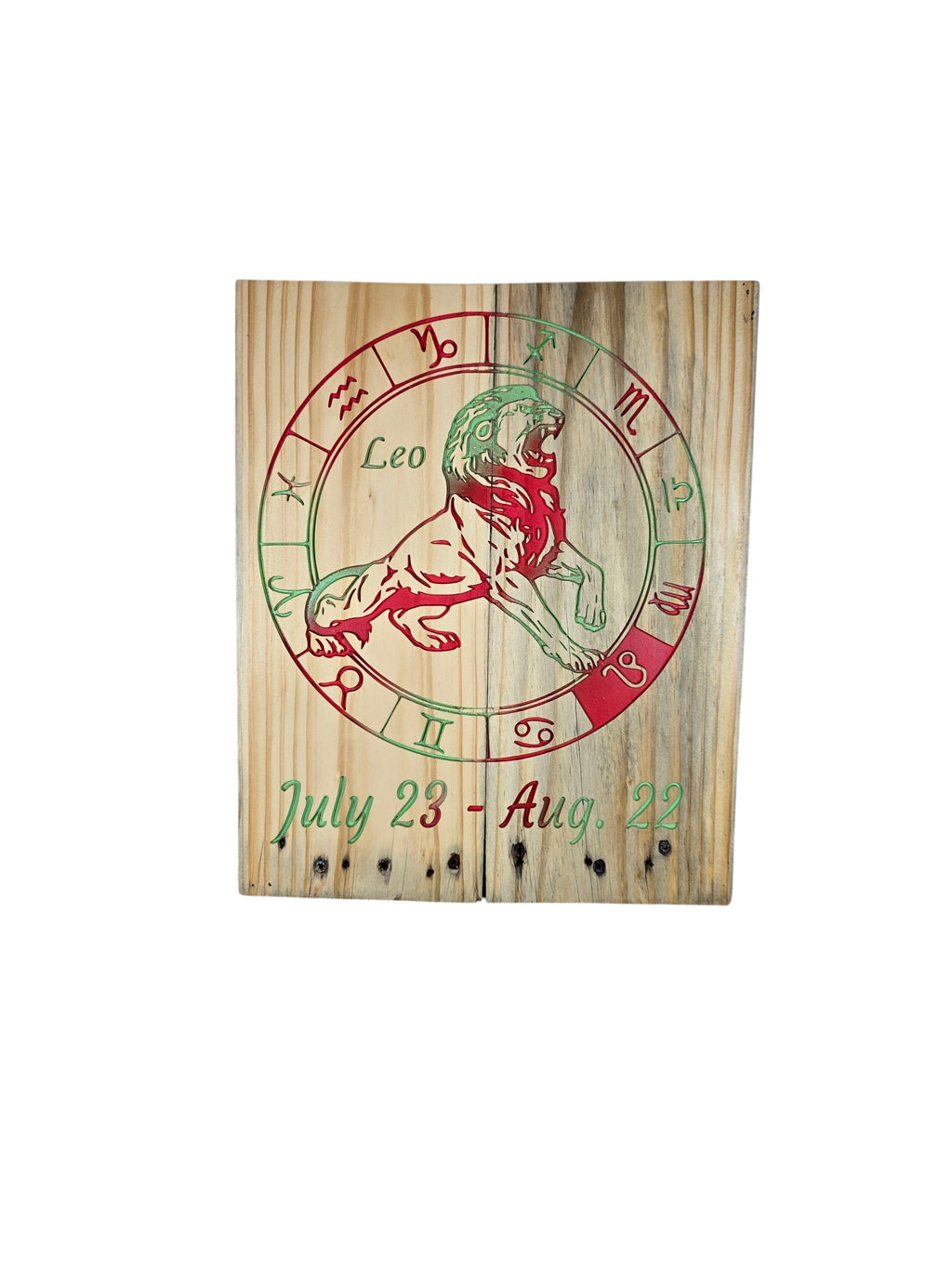 TK Wood Designs handcrafted wooden wall plaque featuring a roaring lion and zodiac wheel with red and green accents.