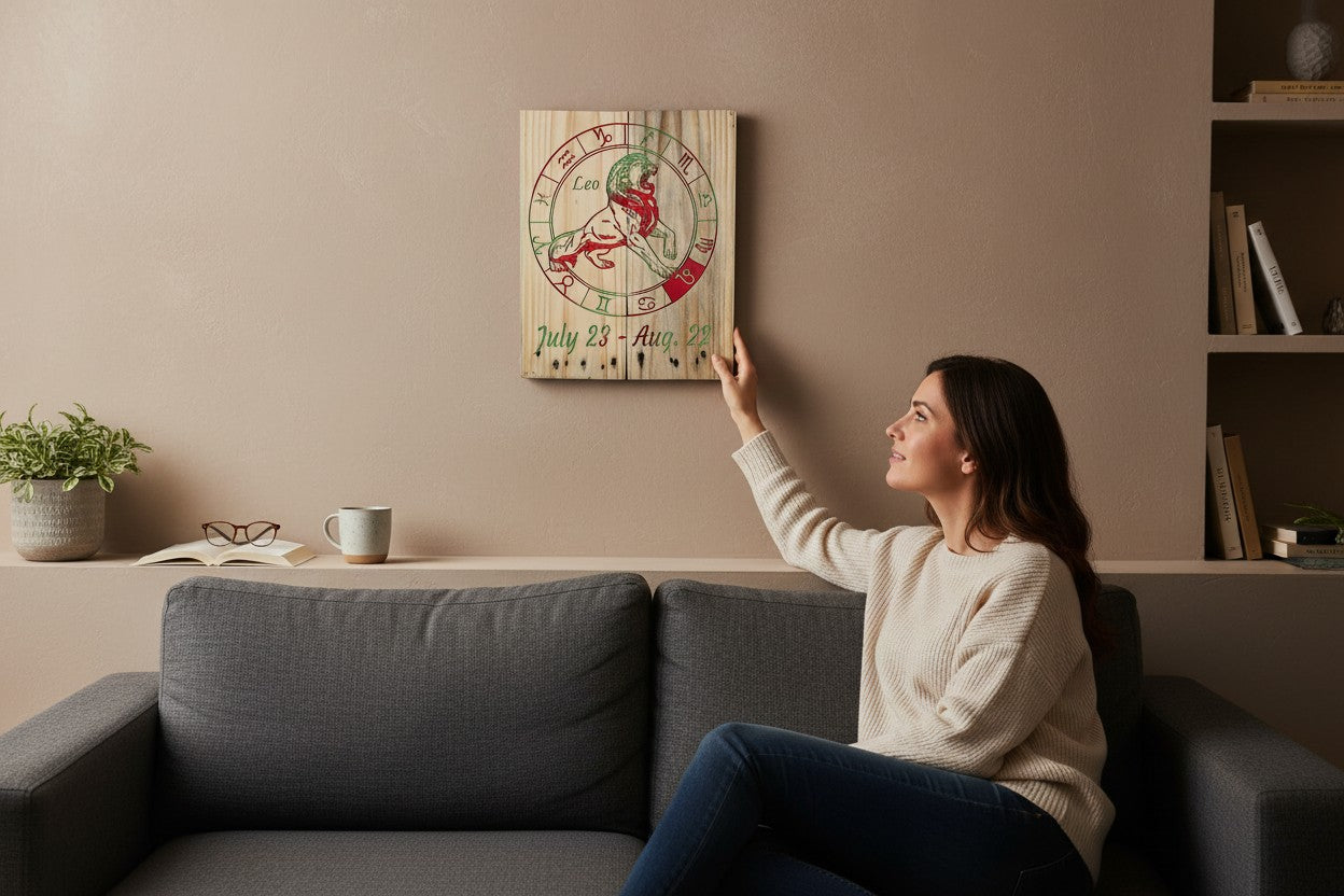 TK Wood Designs handcrafted wooden Leo zodiac wall plaque with lion art and red and green accents on a living room wall.