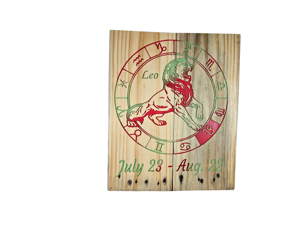 TK Wood Designs handcrafted wooden Leo zodiac wall plaque featuring a roaring lion and red and green painted details.