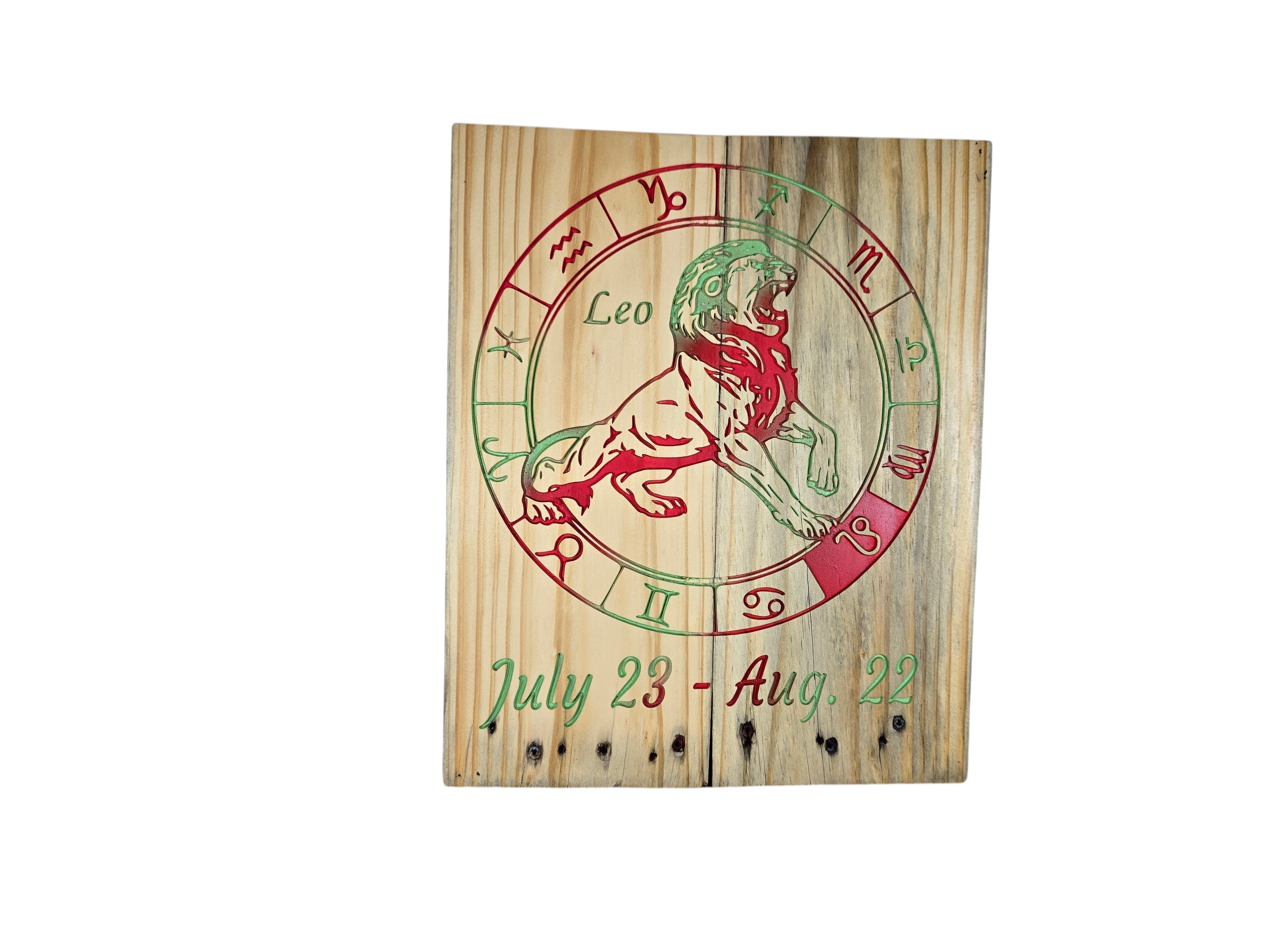 TK Wood Designs handcrafted wooden Leo zodiac wall plaque featuring a roaring lion and red and green painted details.