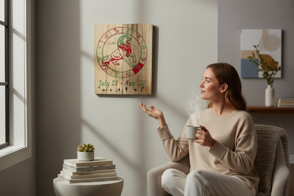TK Wood Designs handcrafted wooden Leo zodiac wall plaque with lion illustration and red and green accents on a wall.