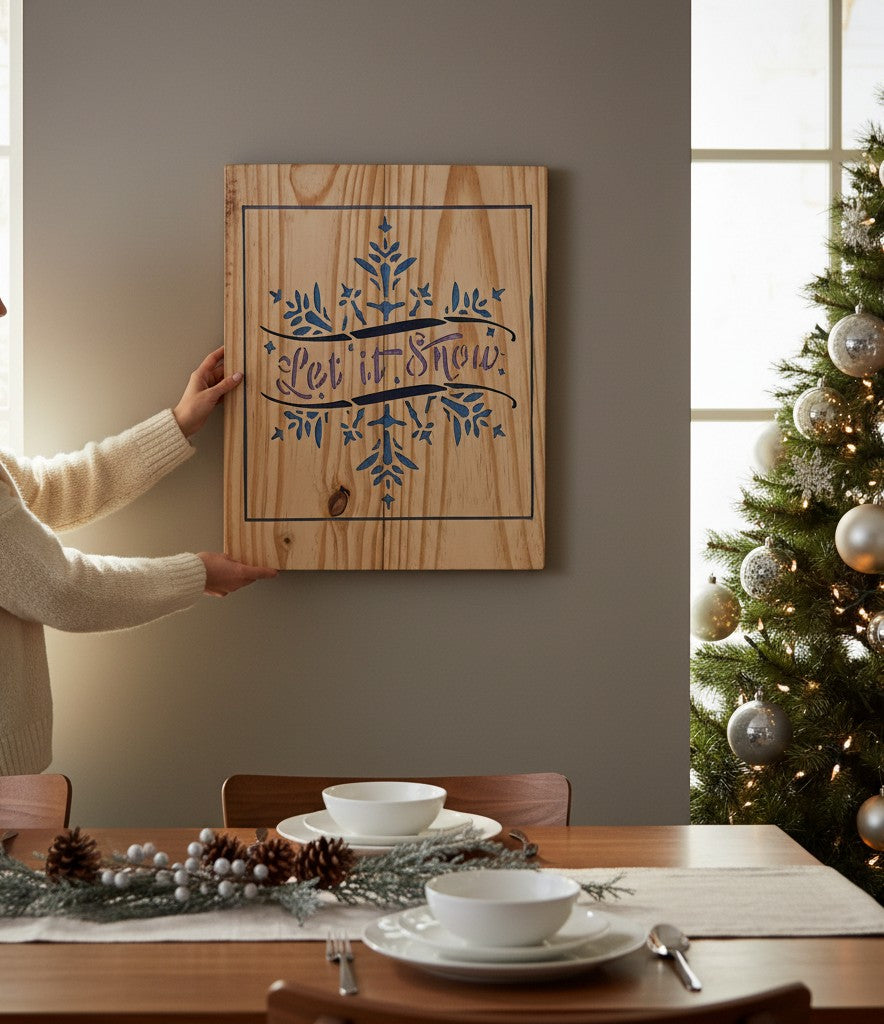 TK Wood Designs rustic wood sign with "Let it Snow" in purple and blue snowflakes. Reclaimed wood, holiday decor.