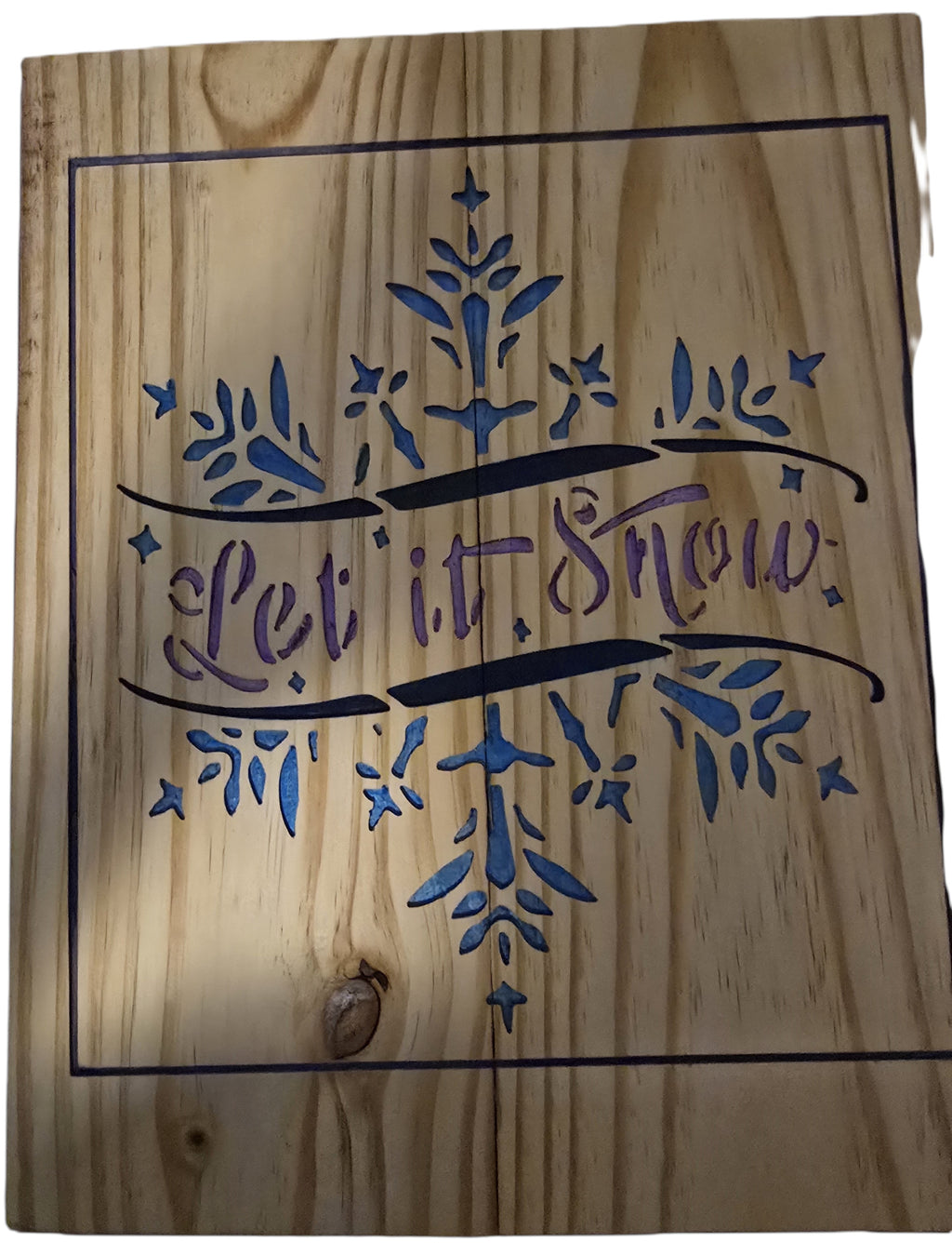 TK Wood Designs rustic wood sign with "Let it Snow" text and blue snowflake design. Natural wood grain.