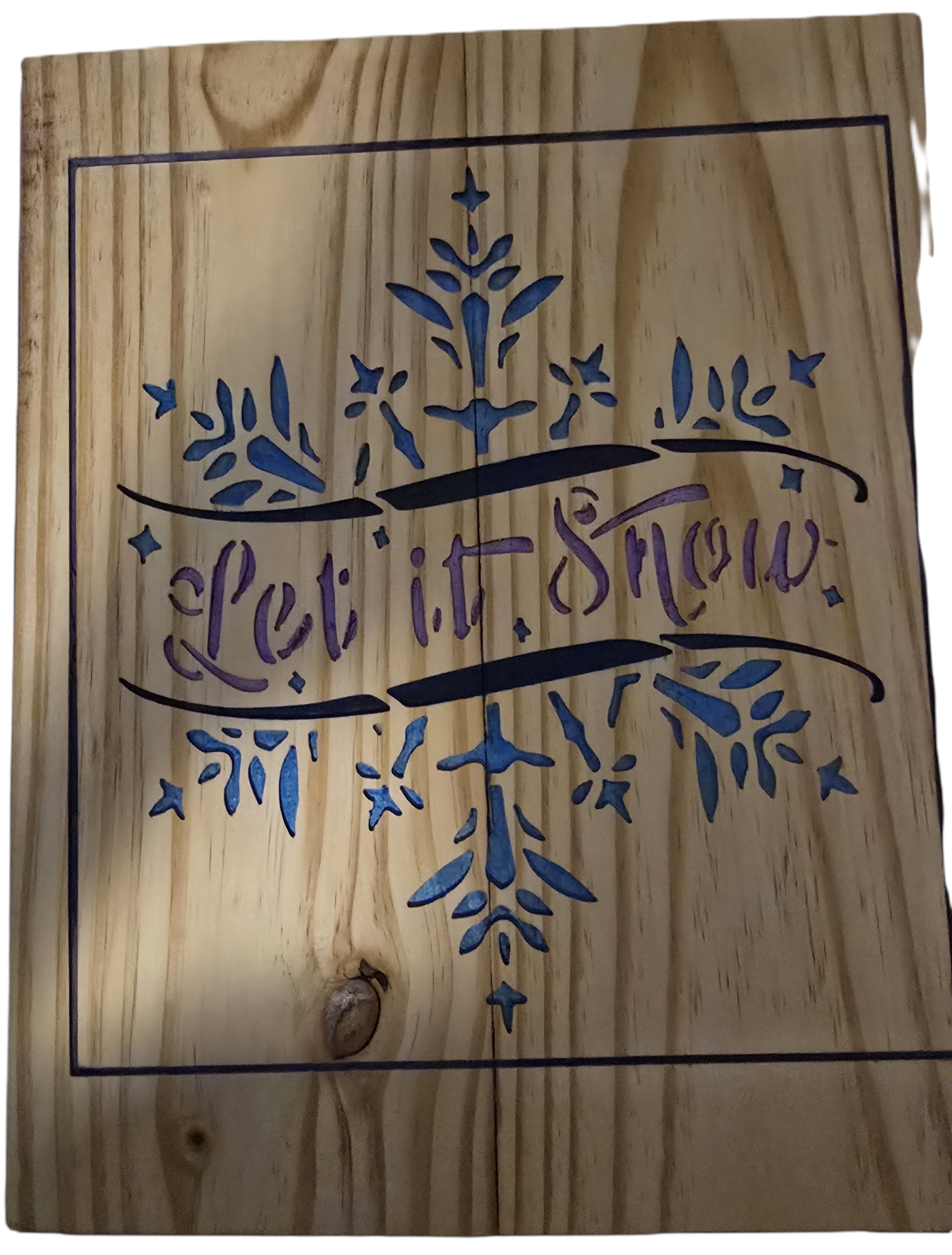 TK Wood Designs rustic wood sign with "Let it Snow" text and blue snowflake design. Natural wood grain.