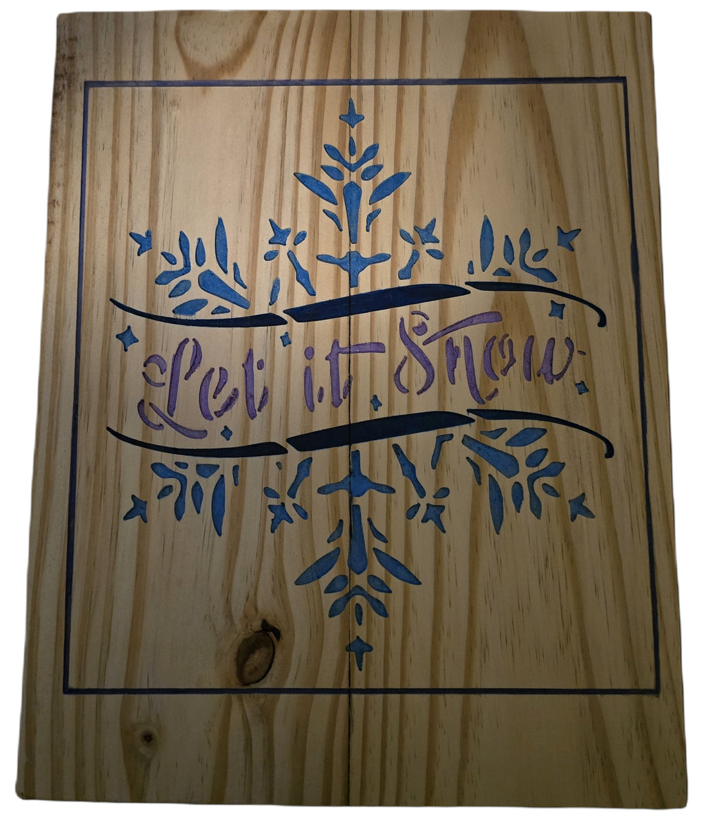 TK Wood Designs rustic wood sign with "Let it Snow" in purple and blue snowflakes. Reclaimed wood, holiday decor.