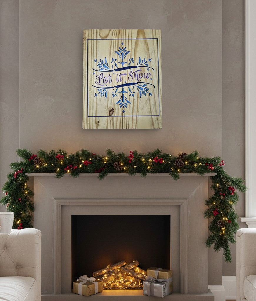TK Wood Designs rustic wood sign with "Let it Snow" carved in blue and purple, featuring a snowflake motif.