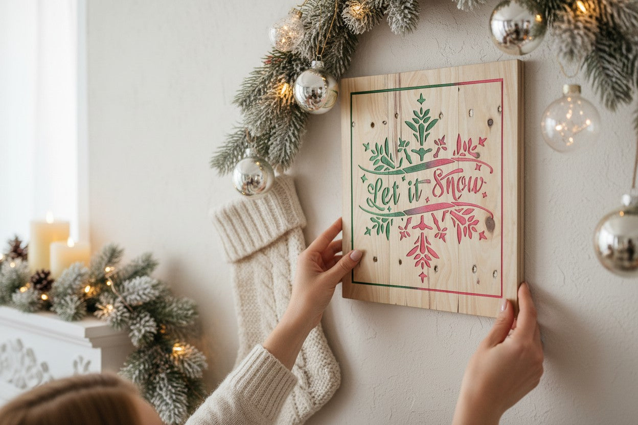 TK Wood Designs Let It Snow wooden wall sign with red and green snowflake art hanging on a festive holiday wall