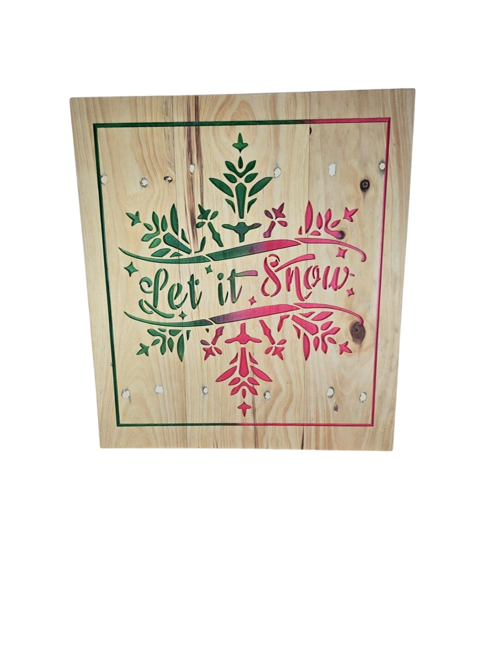 TK Wood Designs Let It Snow rustic wooden wall sign with festive red and green snowflake and lettering design
