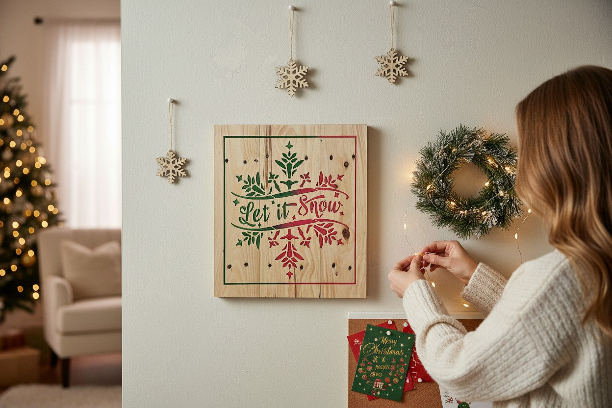 TK Wood Designs Let It Snow wooden wall sign with red and green snowflake art hanging on a festive living room wall.