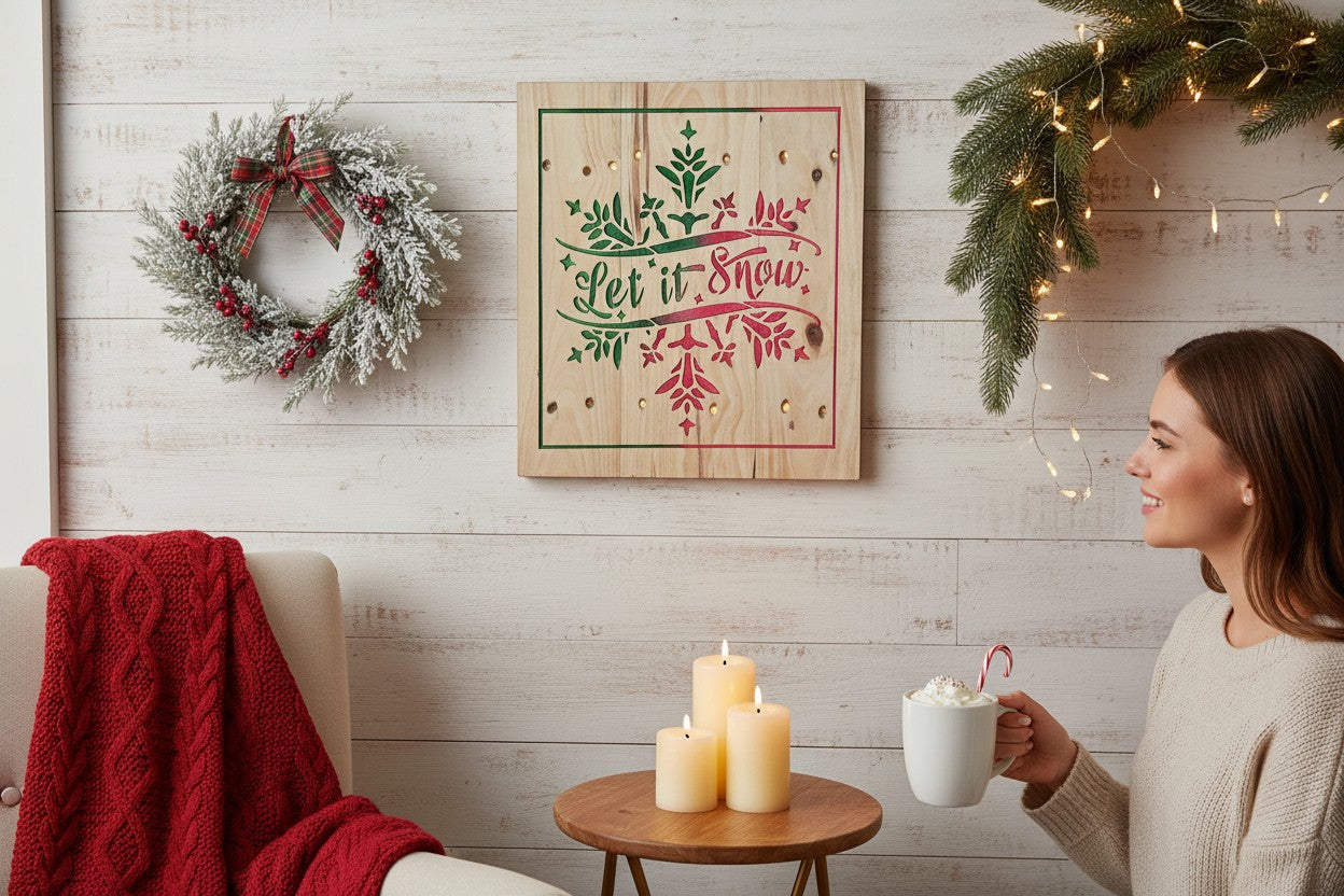TK Wood Designs Let It Snow wooden wall sign with red and green snowflake art hanging on a rustic white wall.