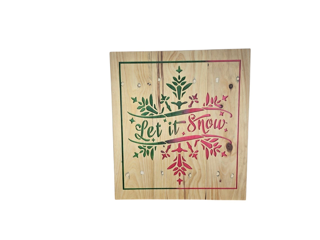 TK Wood Designs Let It Snow rustic wooden wall sign with red and green snowflake detailing for holiday decor
