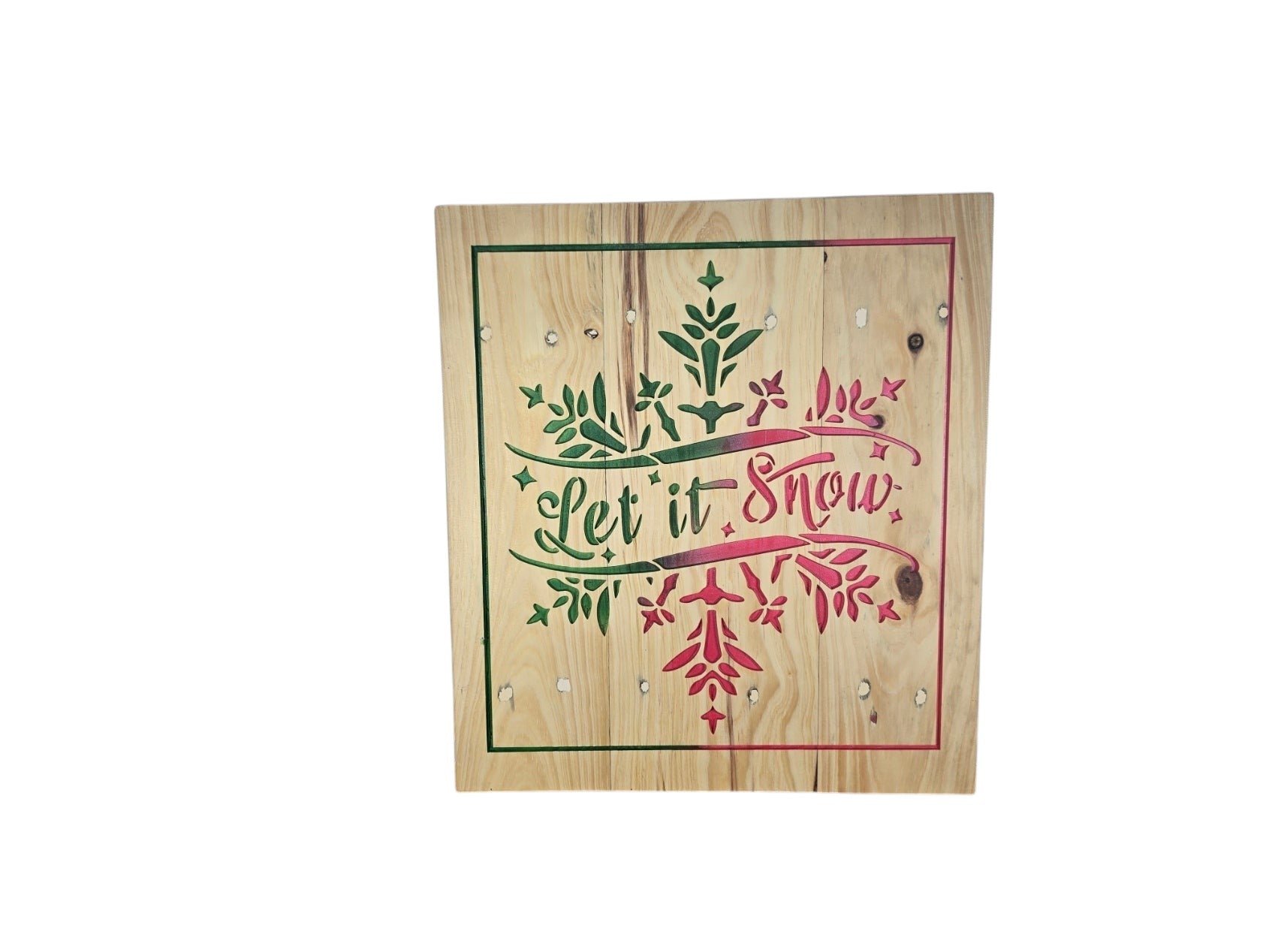 TK Wood Designs Let It Snow rustic wooden wall sign with red and green snowflake detailing for holiday decor
