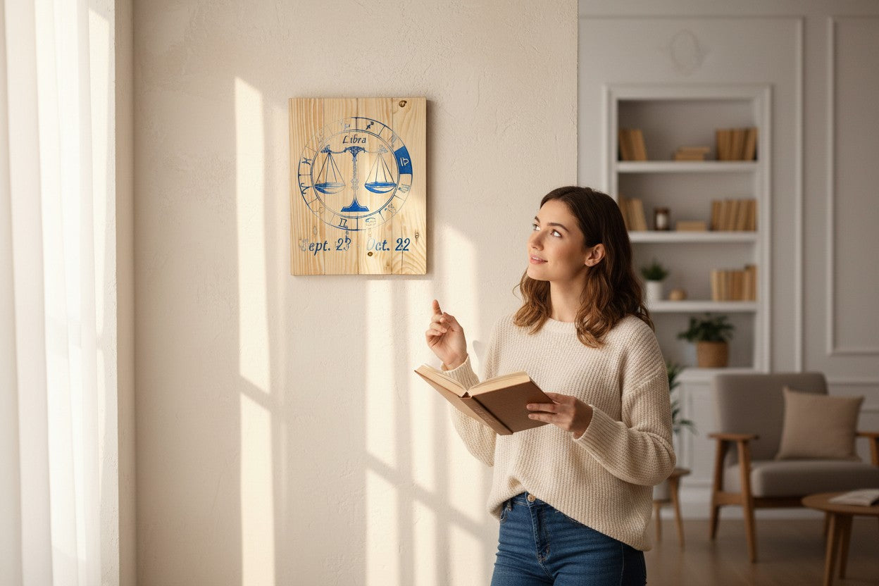 TK Wood Designs Libra zodiac sign wooden wall plaque with blue engraved scales hanging in a sunlit room with a woman.