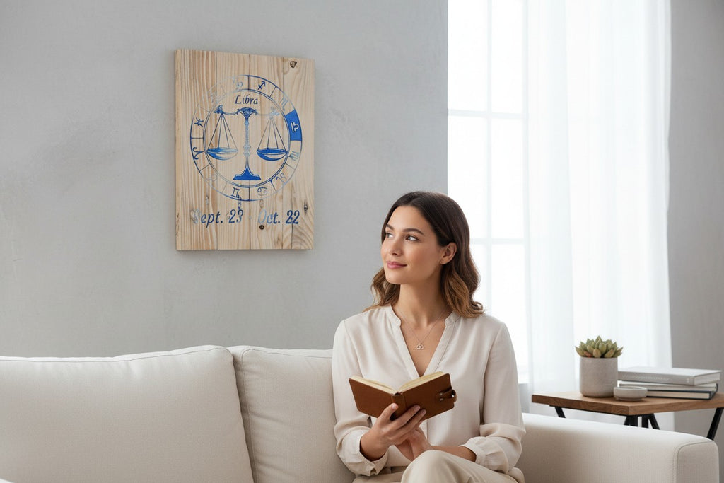 TK Wood Designs Libra zodiac wall plaque with blue engraved scales on natural wood hanging above a woman on a sofa.