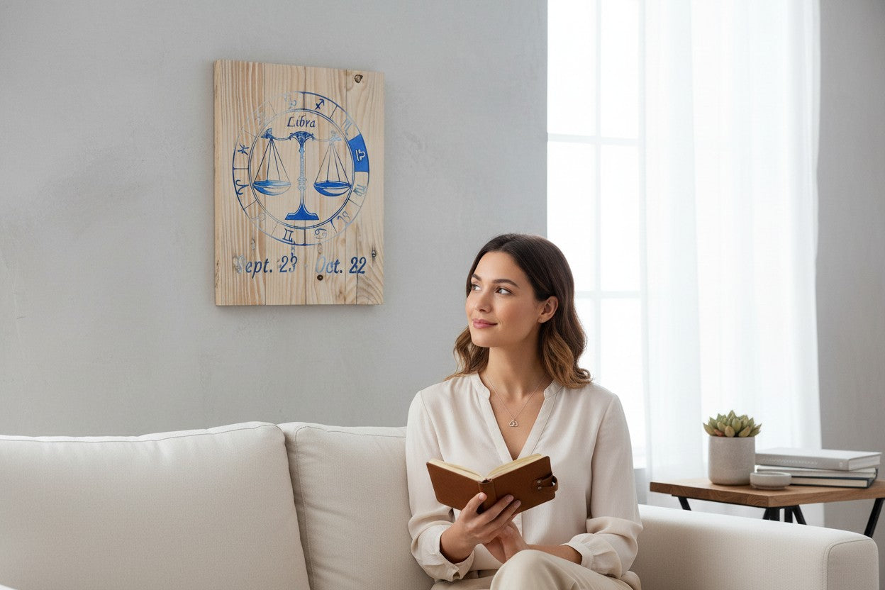 TK Wood Designs Libra zodiac wall plaque with blue engraved scales on natural wood hanging above a woman on a sofa.
