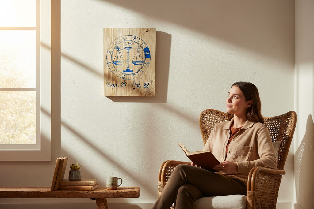 TK Wood Designs Libra zodiac sign wall plaque with blue engraved scales on natural wood hanging in a cozy living room