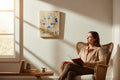 TK Wood Designs Libra zodiac sign wall plaque with blue engraved scales on natural wood hanging in a cozy living room