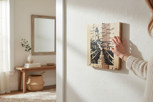 TK Wood Designs black and white lighthouse carved on salvaged wood sign with a wooden boardwalk and ocean view.