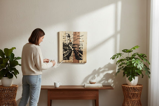 TK Wood Designs black and white lighthouse wood sign with a boardwalk and ocean scene. Made from salvaged wood.